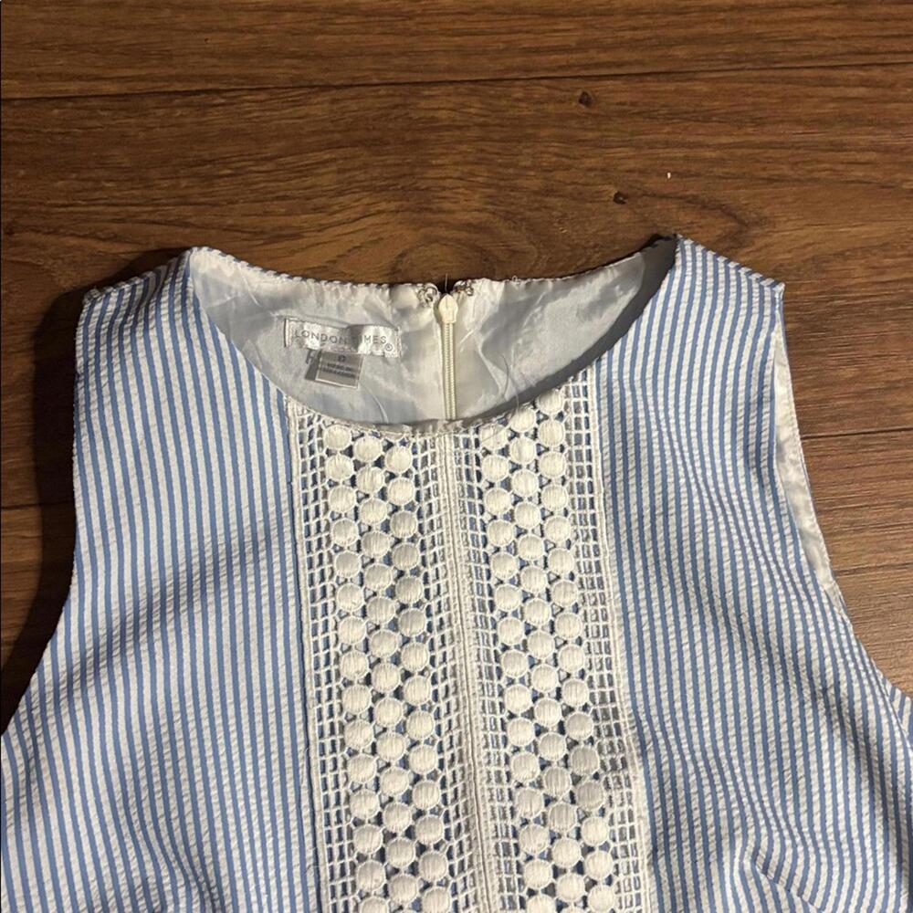 London Times Blue and White Striped Seersucker Sleeveless Sheath Dress Office - Picture 2 of 8